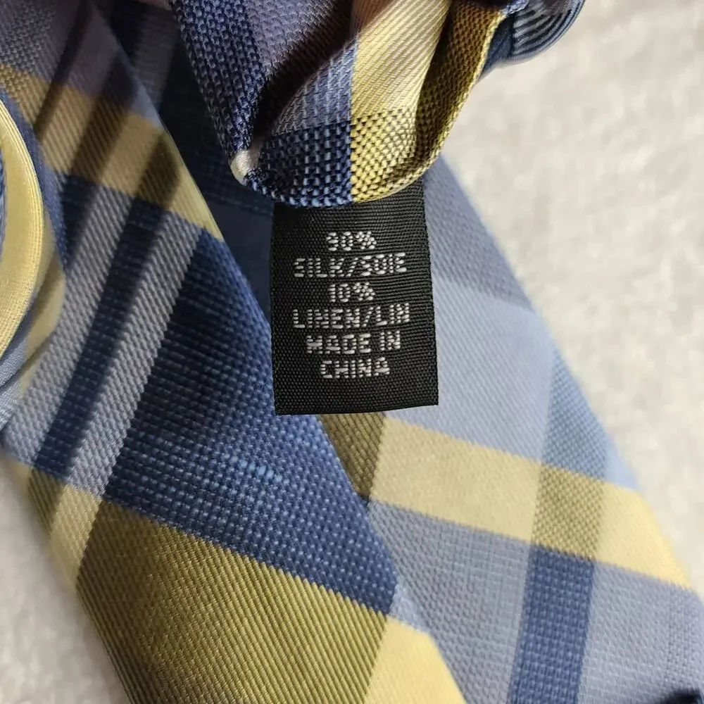 Michael Kors blue yellow plaid silk linen blend tie - 57.5